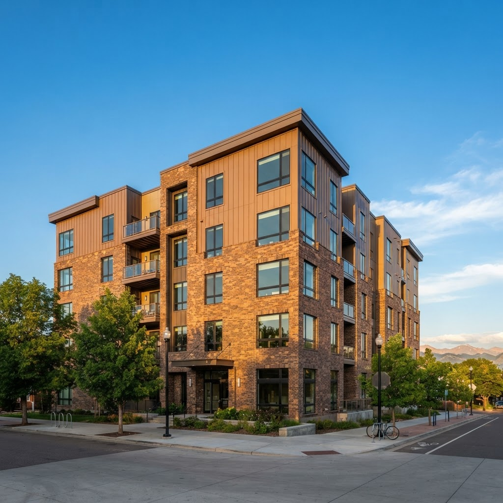 Rendering of the Fox Street affordable housing community in Denver, a mid-rise brick and bronze-panel building