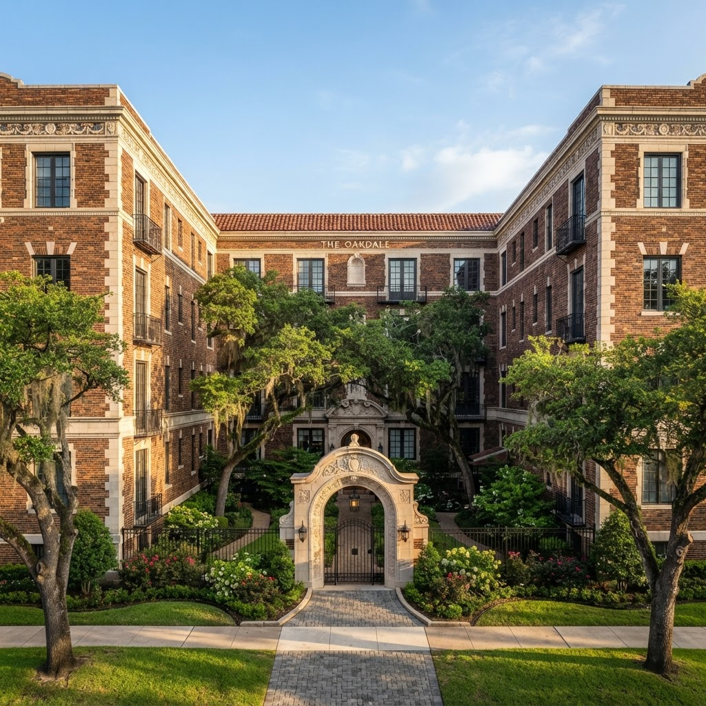 The Levy Apartments in Houston, a restored historic brick apartment complex shaded by live oak trees